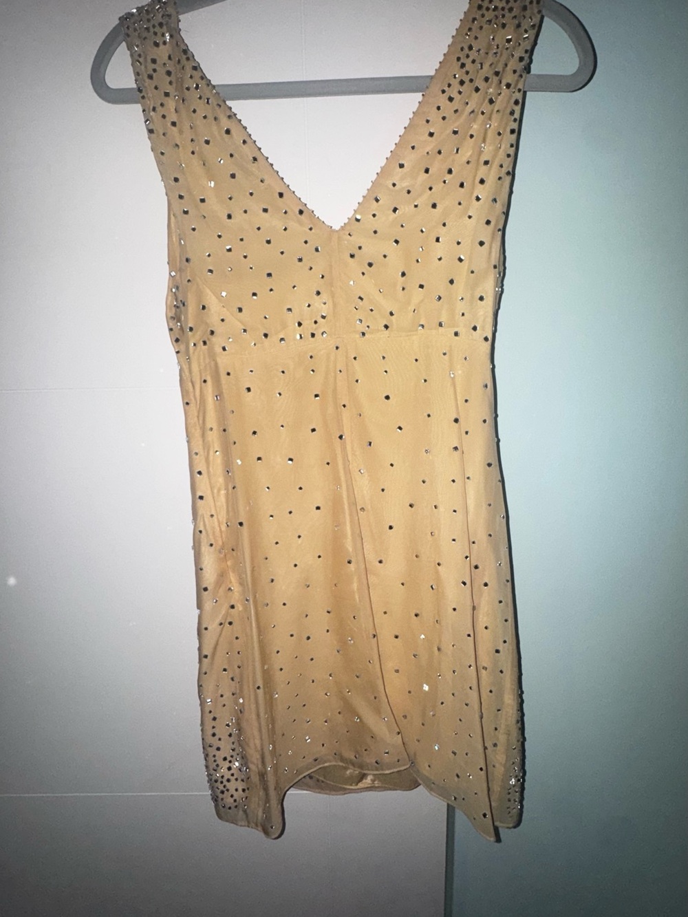 Zara Beige V-Neck Embellished Mini Dress